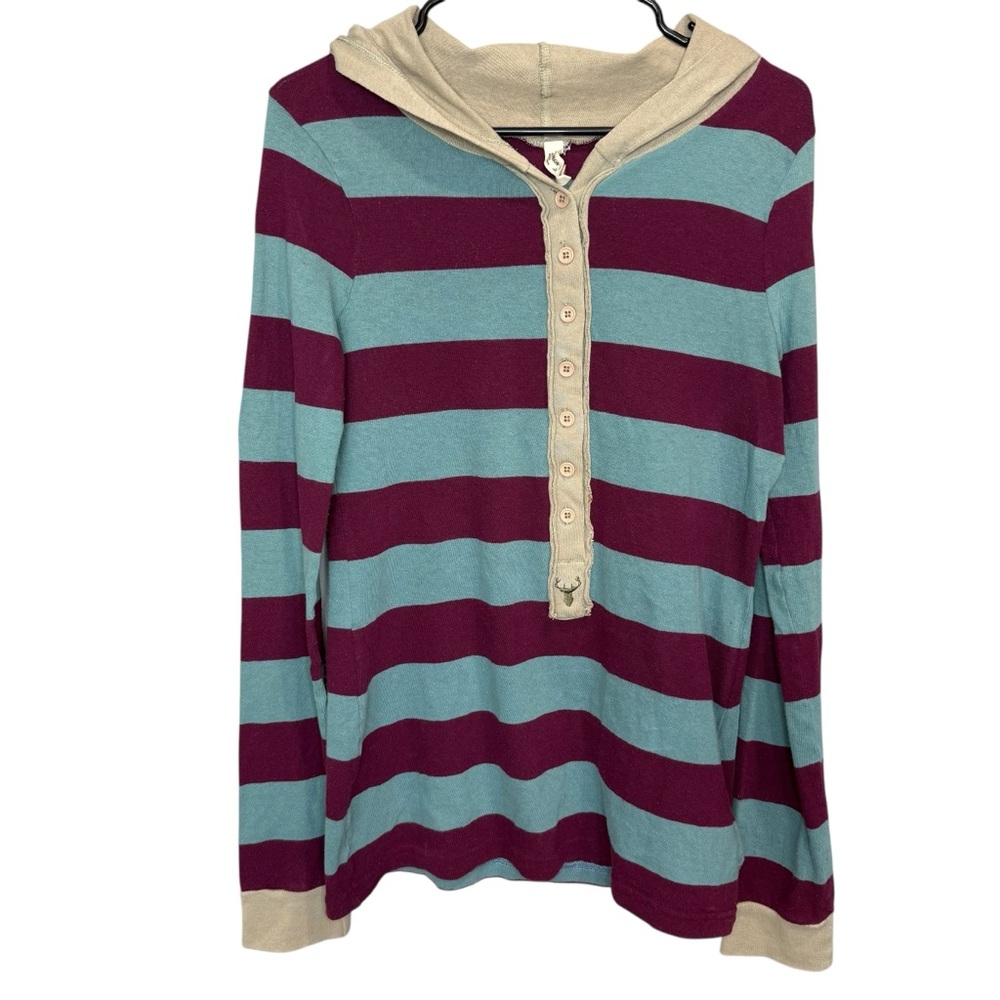 Free People Striped Hoodie Top in Teal, Burgundy & Cream